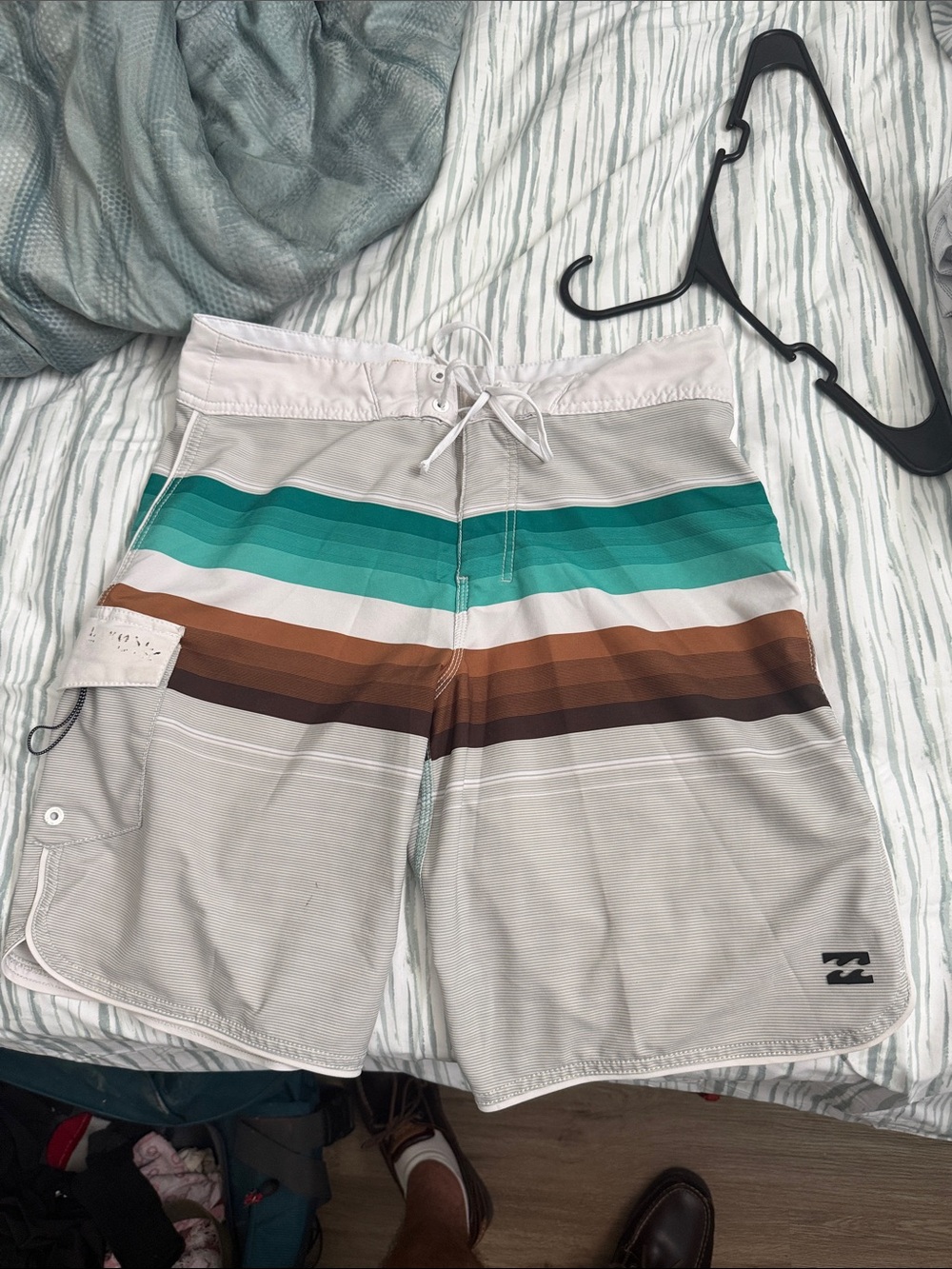 Billabong Men's Light Gray Board Shorts with Teal & Brown Stripes